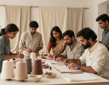 A group of South Asian / Indian artisans collaborating in a clean, brightly lit, premium workspace with textiles draped in the background, warm ivory lighting.