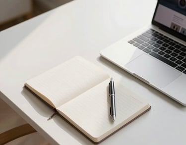 A top-down view of a minimalist desk in a North American home office. A high-quality notebook, a sleek pen, and a laptop with a modern web design interface are visible. Soft morning light and accents of lavender and white.