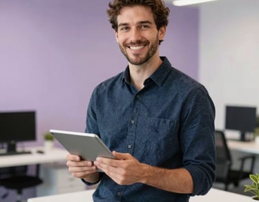 Portrait of a creative strategist in a modern office setting in North America. They are holding a tablet and smiling warmly. The aesthetic is contemporary with soft lavender wall accents and white furniture.