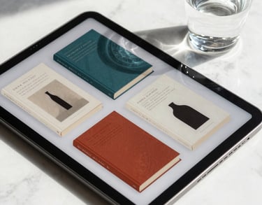 An aesthetic arrangement of modern book covers on a digital tablet next to a glass of water on a white marble surface. Soft North American sunlight.