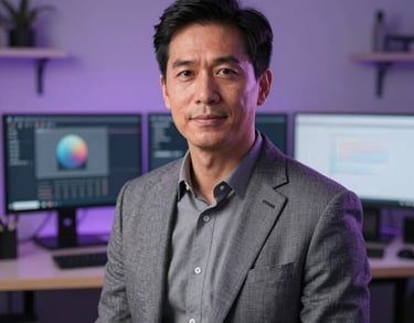 Portrait of a lead designer in a stylish North American studio. Professional attire, blurred background of a modern workstation with dual monitors. Soft purple and grey color palette.