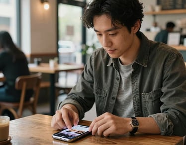 A lifestyle shot of an author working in a bright, airy North American cafe. A smartphone on the table shows a professional Instagram feed. The scene is chic and contemporary.