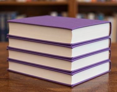 Close-up of a stack of contemporary hardcover books on a polished wooden table. The lighting is warm and professional, suggesting a sophisticated US publishing office. Colors of soft purple and off-white in the background.