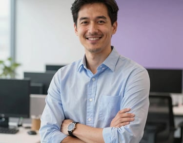 Portrait of a SEO specialist in a contemporary office setting in the US. Professional and approachable, with a bright white and soft purple interior background.