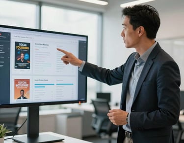 A professional marketer in a bright, modern US office space, gesturing toward a screen displaying social media analytics for a book campaign. Sophisticated and contemporary lighting.