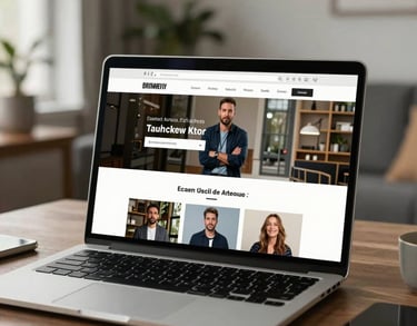 A beautifully designed author website displayed on a laptop screen, placed in a contemporary US apartment setting with soft natural light and modern decor.