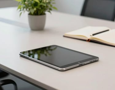 A detail shot of a modern conference table with a tablet, green plant, and notebook in a clean, bright US professional setting.