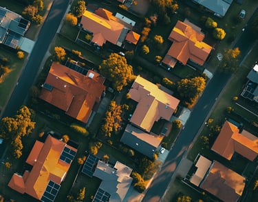 Overhead aerial view of a residential neighborhood with tree-lined streets and warm golden light.