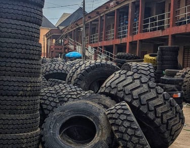 stack of bulldozer tyres sold at the tyrepublic tyre shop in Lagos nigeria