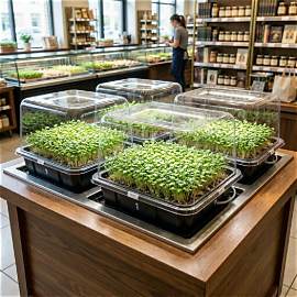 Fresh organic microgreens growing in trays at a local grocery store market display.