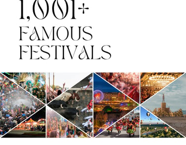 Photo collage of global cultural events for a book titled 1,001 Famous Festivals by Sarah Melland.
