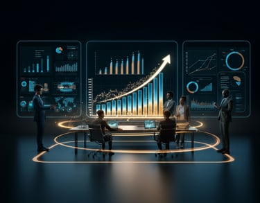 Professionals at Verve Phoenix collaborating in a high-tech office with holographic screens showcasing sales growth