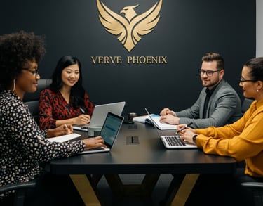 Verve Phoenix team collaborating in a gold and black-themed office, representing collaboration, expertise, and innovation.