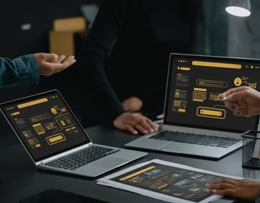 Verve Phoenix designers and developers working on custom website designs and prototypes in a gold and black workspace.