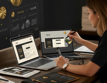Verve Phoenix team collaborating on branding concepts and website prototypes with gold and black-themed materials