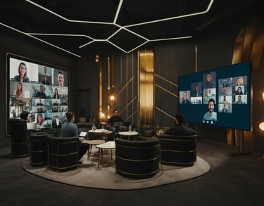 Verve Phoenix hybrid event featuring virtual participants on screens and an in-person audience in a gold and black-themed set