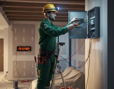 electrician acocks green working on consumer unit