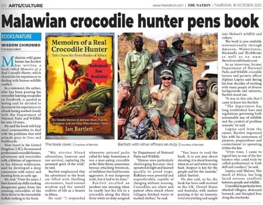 Malawi Nation newspaper article about Ian Bartlett's book "Memoirs of a Real Crocodile Hunter"