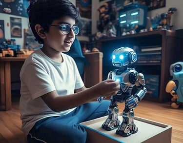 image of a Pakistani kid, playing with a robot