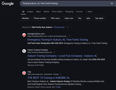 Towing SEO Google Ranking Results
