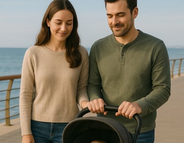 Padres paseando contentos a su bebé