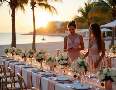 Elegant luxury event planning scene featuring acrylic tables, gold Chiavari chairs, white and blush floral arrangements, and