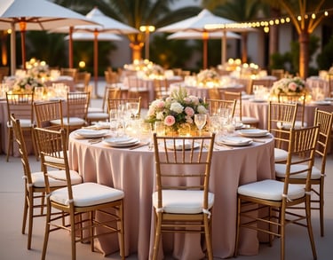 Elegant setup showcasing luxury furniture rentals, including gold Chiavari chairs and acrylic tables, for high-end events org