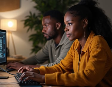 a man and woman sitting at a desk with a laptop