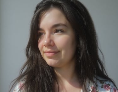 a woman with long hair and a flowered shirt