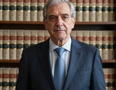 Portrait of a senior director of human rights in a formal setting. Background features a bookshelf with legal volumes. Professional lighting, off-white and dark blue tones. Global / Spanish-speaking.
