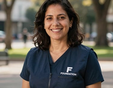 Portrait of a social work coordinator in an outdoor urban park setting. Wearing a professional vest with the foundation logo. Warm natural lighting. Global / Spanish-speaking.