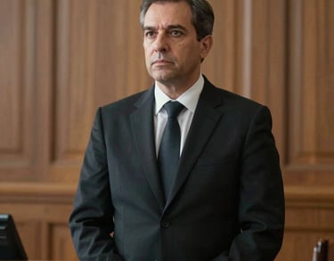 Portrait of a Justice of Peace in a dignified courtroom setting. Wearing formal attire, looking focused. Clean and authoritative composition. Global / Spanish-speaking.