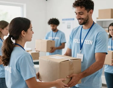Action shot of volunteers delivering aid packages in a community center. High-key lighting, modern and clean setting. Light blue and off-white color palette. Global / Spanish-speaking.