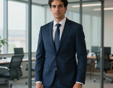 Portrait of a legal advisor in a modern office with glass walls. Wearing a professional navy suit, standing with a confident posture. Soft daylight from a side window. Global / Spanish-speaking.