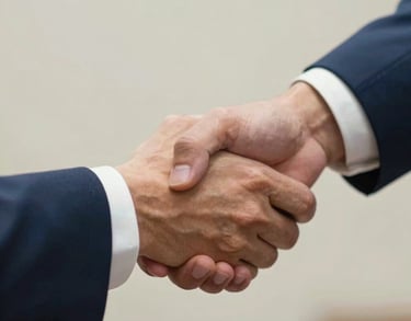 A close-up photograph of hands shaking in a professional agreement. Sharp focus, formal suit sleeves visible. Lighting is warm and optimistic. Palette involves steel blue and off-white. Global / Spanish-speaking.