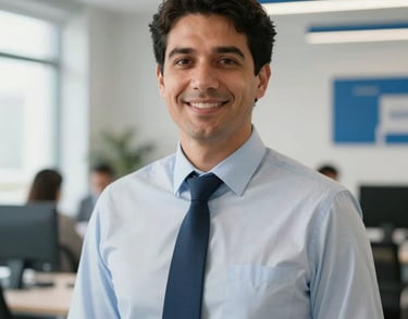 Portrait of a peace commissioner in a bright, modern workspace. Professional and approachable expression. Clean composition with steel blue accents. Global / Spanish-speaking.