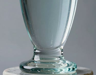 A close-up of a glass trophy or seal of justice on a marble pedestal. Professional studio lighting, focus on detail. Light blue and steel blue reflections. Global / Spanish-speaking.