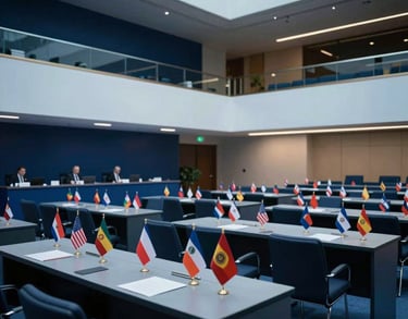 Wide-angle photography of an international summit hall. Rows of elegant desks with small national flags, clean modern architecture, soft overhead lighting. Dark blue and light blue color palette. Global / Spanish-speaking.