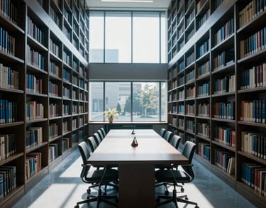 Photography of a modern legal library with tall shelves and a long study table. Sunlight streaming through large windows. Professional atmosphere with dark blue and gray-blue tones. Global / Spanish-speaking.