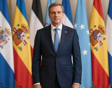 Portrait of a diplomatic ambassador standing before an array of international flags. Dignified and professional lighting. Navy blue and light blue palette. Global / Spanish-speaking.