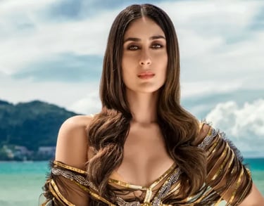 Kareena Kapoor Khan posing in a gold sequin designer outfit with a tropical beach background.