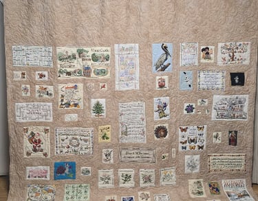 Custom quilt created from cherished counted cross stitch artwork, professionally quilted and arrange