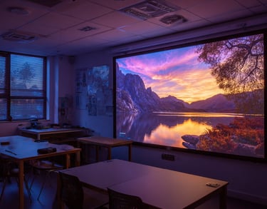 a classroom with a projection screen showing a sunset