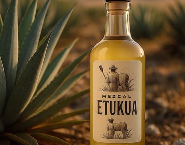 Ilustración que muestra el proceso artesanal de producción de mezcal, desde el agave hasta la botell