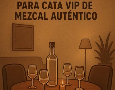 Setting elegante para cata privada de mezcal con copas especiales y iluminación tenue