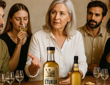 Grupo de clientes participando en cata guiada donde aprenden sobre valor del mezcal artesanal.