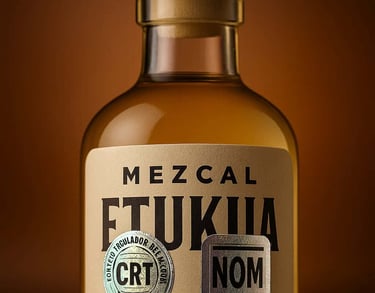 Close-up o primer plano de la etiqueta de una botella de mezcal Etukua mostrando con claridad los se