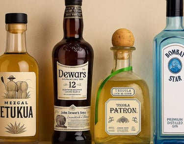 Colección de botellas premium de mezcal, whisky, tequila y ginebra dispuestas para comparación visua