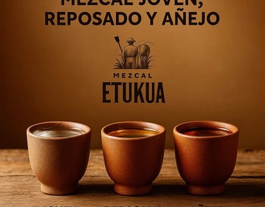 Tres vasos veladores con mezcal Etukua alineados, mostrando claramente la diferencia de color entre 