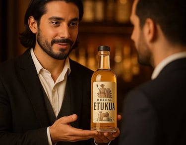 Vendedor explicando amablemente el valor de una botella de mezcal artesanal a cliente interesado en 